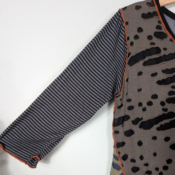 Vintage Tunic Top Patchwork Green Black Lagenlook Artsy Distressed Stripe Orange - Picture 7 of 12